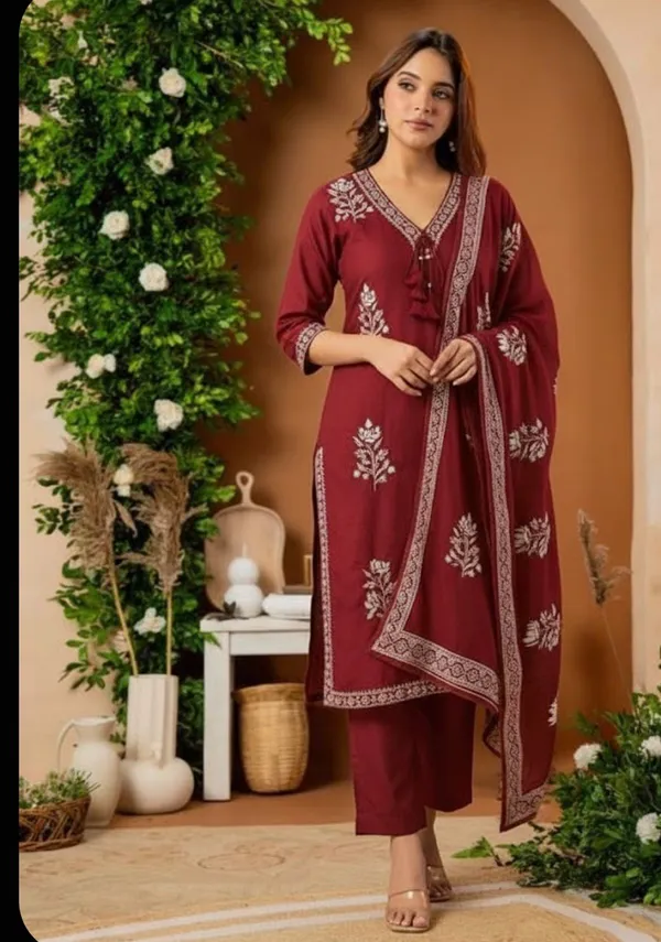 Maroon_Cotton_Embroidered_3-Piece_Suit_Set_For_Women