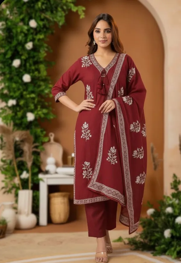 Maroon_Cotton_Embroidered_3-Piece_Suit_Set_For_Women