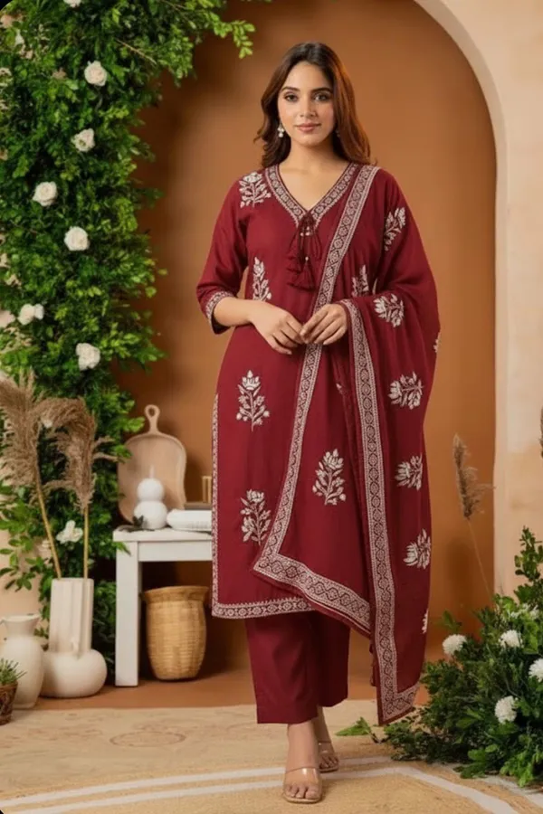 Maroon_Cotton_Embroidered_3-Piece_Suit_Set_For_Women