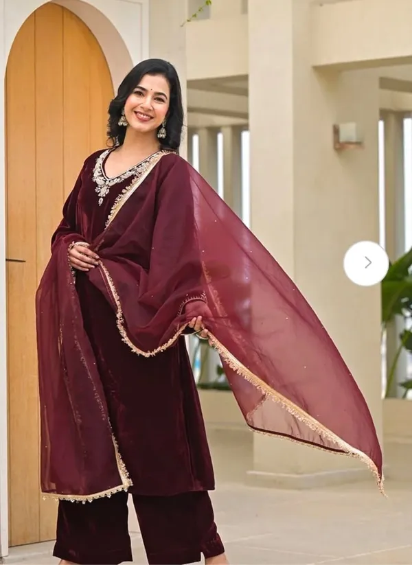 Maroon_Premium_Velvet_Embroidered_Three-Piece_Kurti_Set_For_Women
