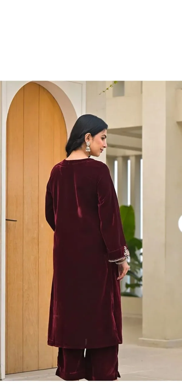 Maroon_Premium_Velvet_Embroidered_Three-Piece_Kurti_Set_For_Women