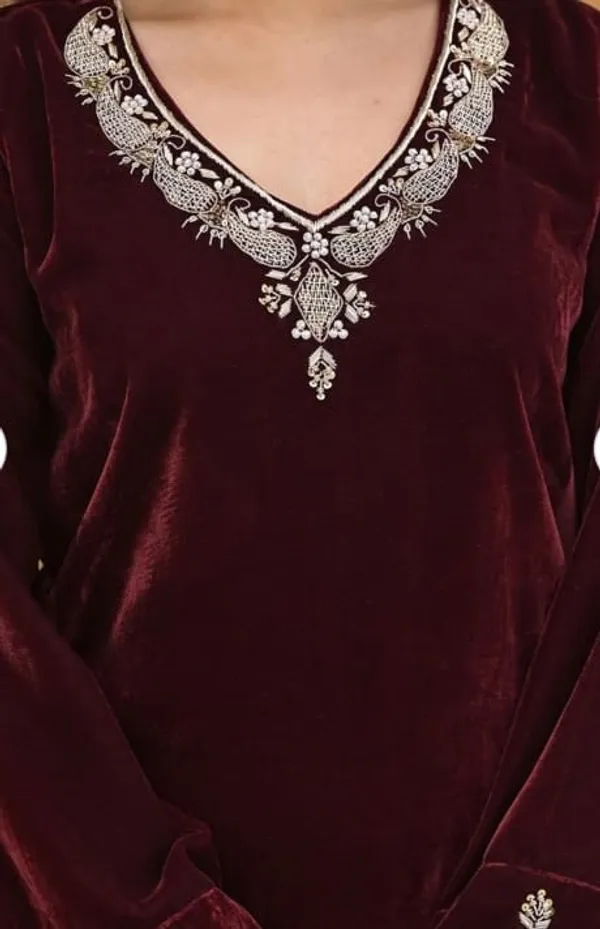 Maroon_Premium_Velvet_Embroidered_Three-Piece_Kurti_Set_For_Women