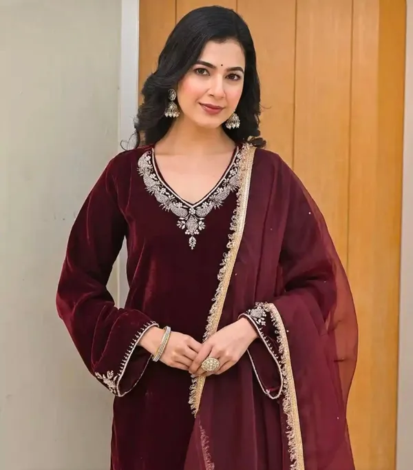 Maroon_Premium_Velvet_Embroidered_Three-Piece_Kurti_Set_For_Women