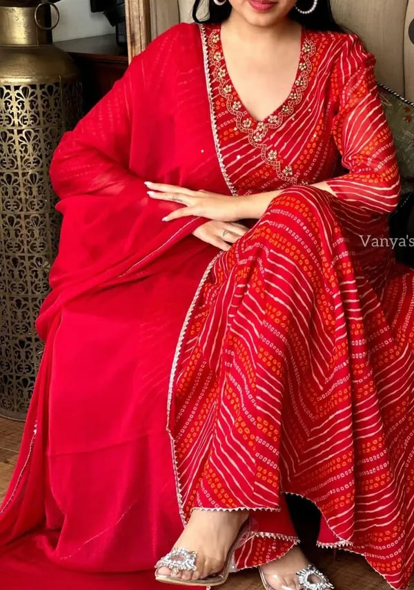 Red_Bandhej_Cotton_Anarkali_Suit_Set_With_Dupatta_For_Women