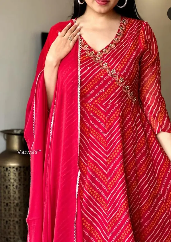 Red_Bandhej_Cotton_Anarkali_Suit_Set_With_Dupatta_For_Women