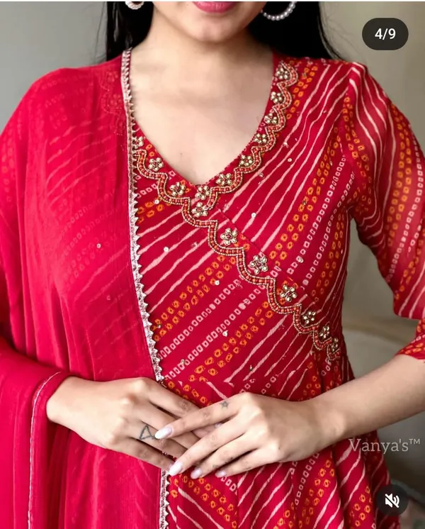 Red_Bandhej_Cotton_Anarkali_Suit_Set_With_Dupatta_For_Women