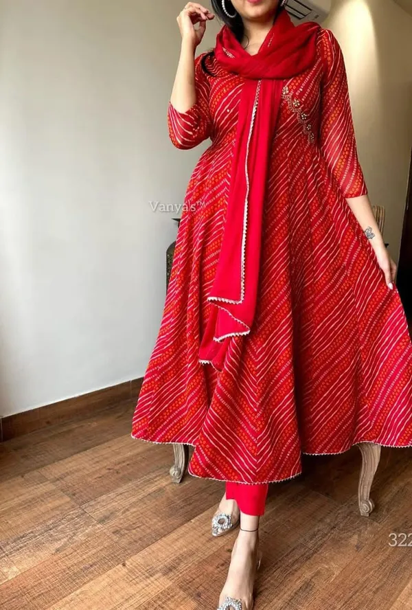 Red_Bandhej_Cotton_Anarkali_Suit_Set_With_Dupatta_For_Women