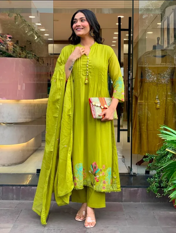 Vibrant_Lime_Green_Cotton_Anarkali_Set_For_Women