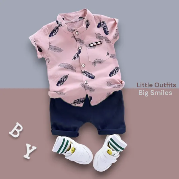 Blush_Feather_Print_Shirt_&_Navy_Shorts_Co-ord_Set