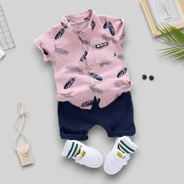 Blush_Feather_Print_Shirt_&_Navy_Shorts_Co-ord_Set