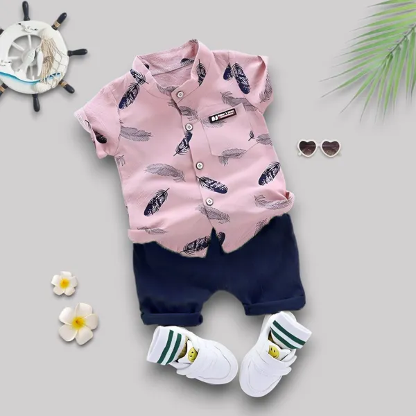 Blush_Feather_Print_Shirt_&_Navy_Shorts_Co-ord_Set