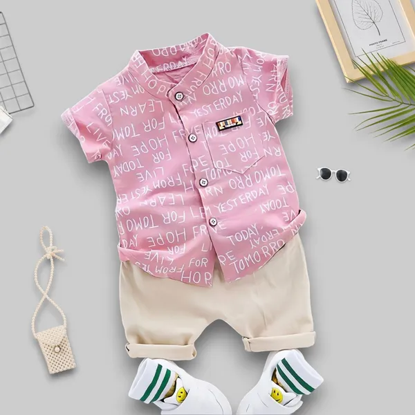 Candy_Pink_Statement_Shirt_&_Beige_Shorts_Co-ord_Set