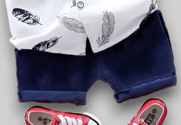 Classic_White_Feather_Print_Shirt_&_Navy_Shorts_Co-ord_Set