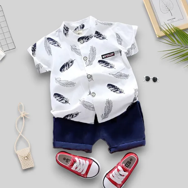 Classic_White_Feather_Print_Shirt_&_Navy_Shorts_Co-ord_Set