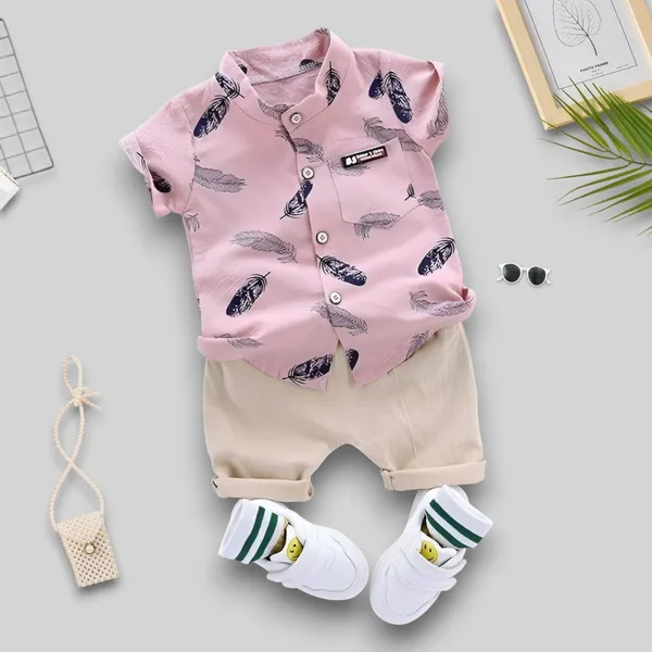 Feather_Print_Pink_Shirt_&_Beige_Shorts_Co-ord_Set