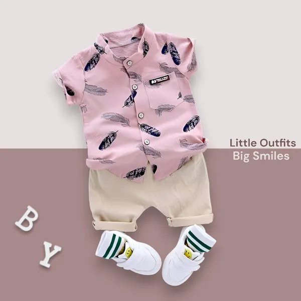 Feather_Print_Pink_Shirt_&_Beige_Shorts_Co-ord_Set