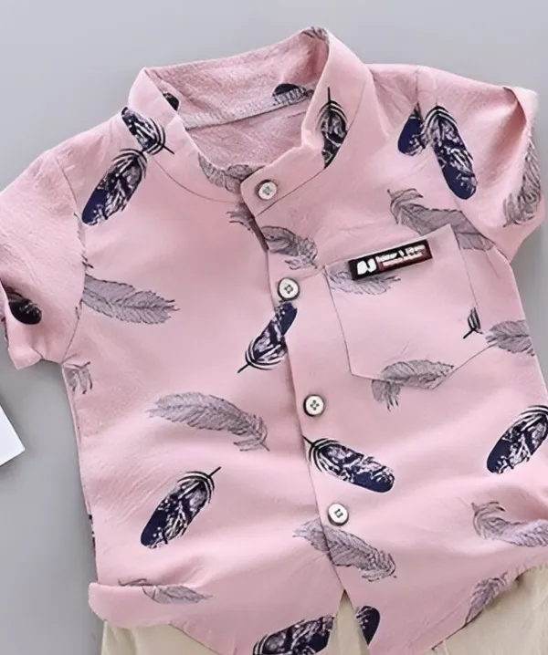 Feather_Print_Pink_Shirt_&_Beige_Shorts_Co-ord_Set