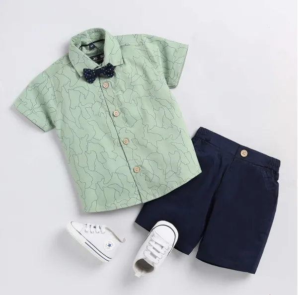 Mint_Maze_Shirt_&_Navy_Shorts_Co-ord_Set_with_Bow_Tie