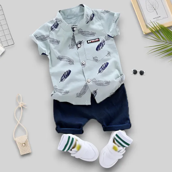 Powder_Blue_Feather_Print_Shirt_&_Navy_Shorts_Co-ord_Set