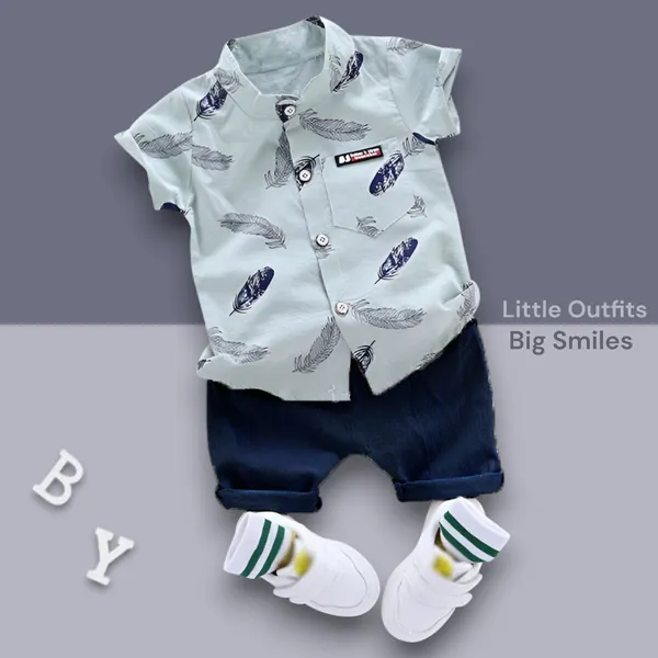 Powder_Blue_Feather_Print_Shirt_&_Navy_Shorts_Co-ord_Set