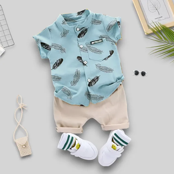 Sky_Feather_Print_Shirt_&_Beige_Shorts_Co-ord_Set