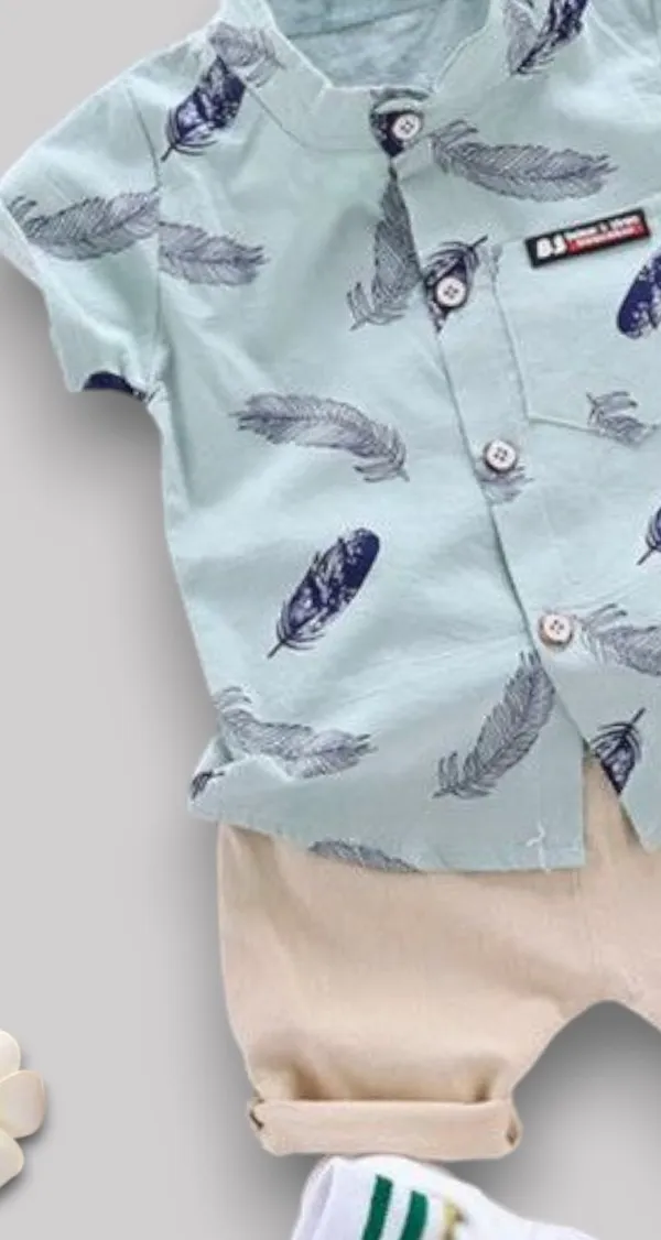 Sky_Feather_Print_Shirt_&_Beige_Shorts_Co-ord_Set