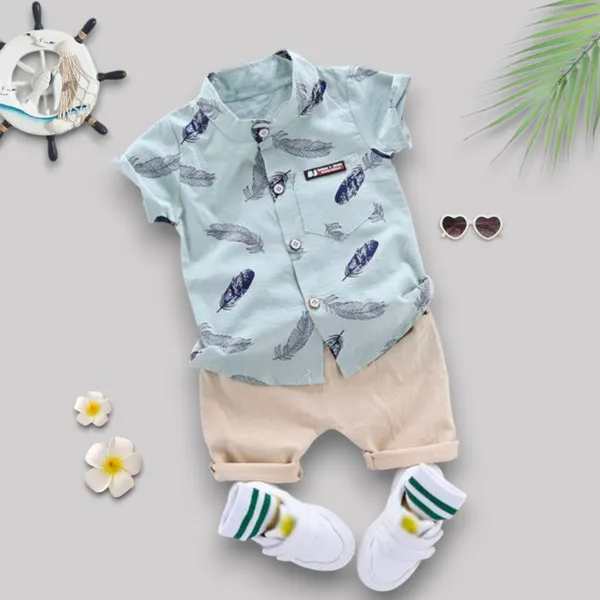 Sky_Feather_Print_Shirt_&_Beige_Shorts_Co-ord_Set