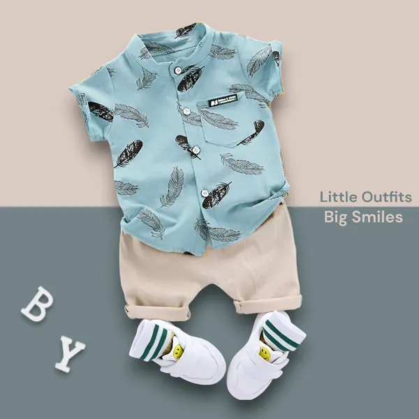 Sky_Feather_Print_Shirt_&_Beige_Shorts_Co-ord_Set