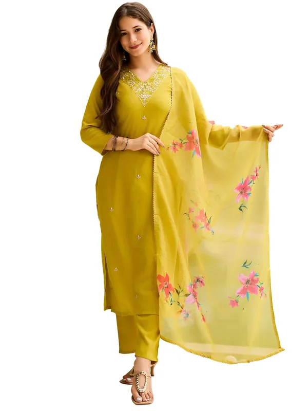 Lemon_Yellow_Rayon_Slub_Embroidered_Kurta_Set_With_Organza_Dupatta_For_Women