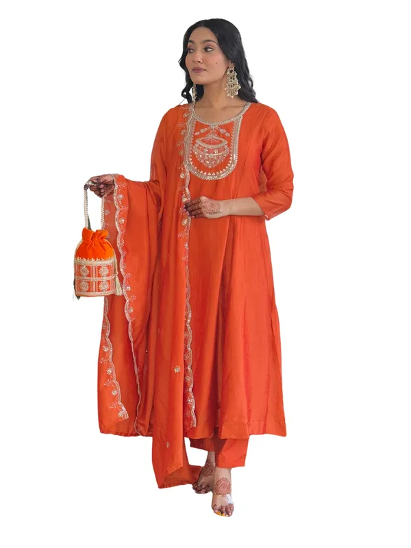 Orange_Vichitra_Silk_Embroidered_Kurta_Set_With_Vichitra_Silk_Dupatta_For_Women