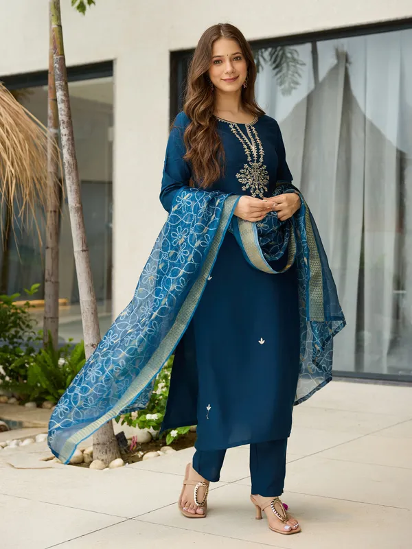 Petrol_Rayon_Embroidered_Kurta_Set_With_Organza_Dupatta_For_Women