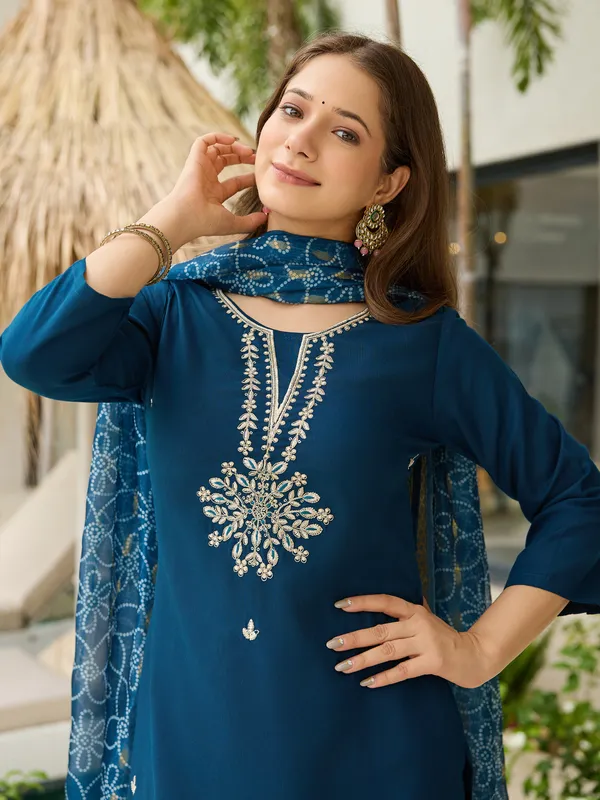 Petrol_Rayon_Embroidered_Kurta_Set_With_Organza_Dupatta_For_Women