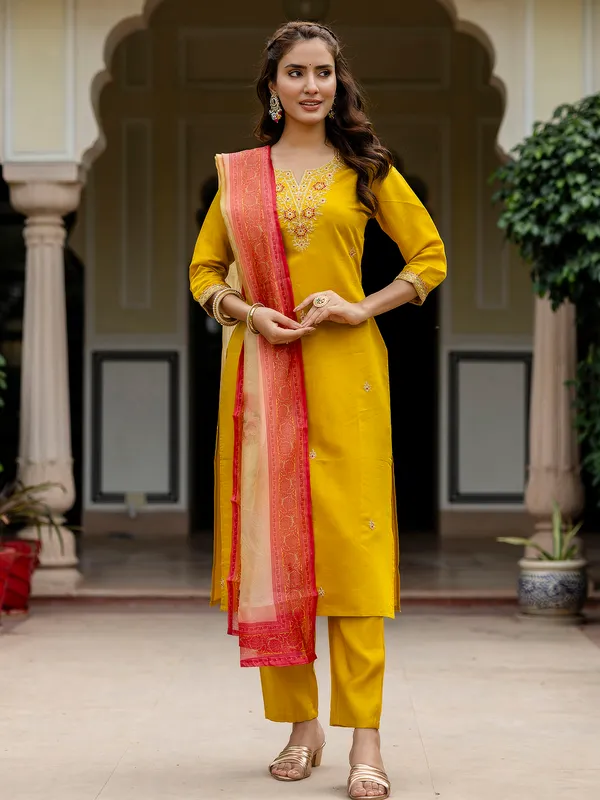 Mustard_Rayon_Embroidered_Kurta_Set_With_Taby_Dupatta_For_Women