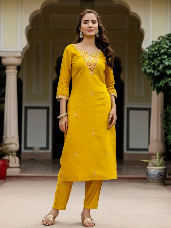 Mustard_Rayon_Embroidered_Kurta_Set_With_Taby_Dupatta_For_Women