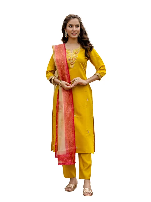 Mustard_Rayon_Embroidered_Kurta_Set_With_Taby_Dupatta_For_Women