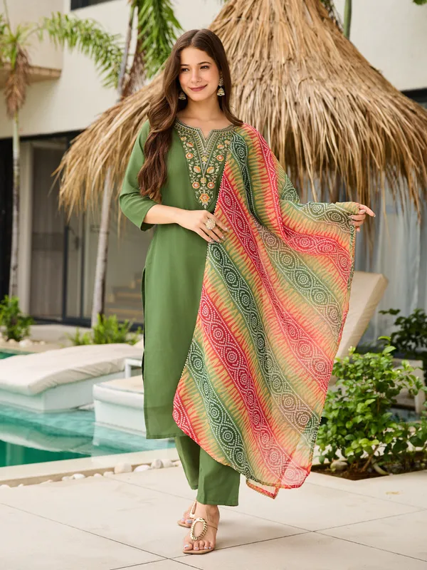 Olive_Green_Rayon_Embroidered_Kurta_Set_With_Taby_Dupatta_For_Women