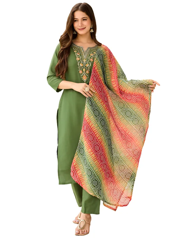 Olive_Green_Rayon_Embroidered_Kurta_Set_With_Taby_Dupatta_For_Women