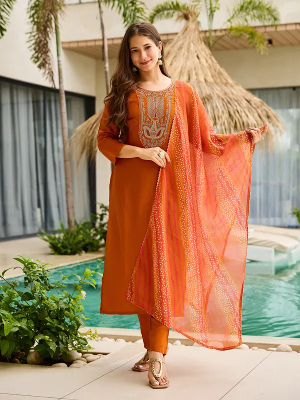 Rust_Rayon_Embroidered_Kurta_Set_With_Taby_Dupatta_For_Women