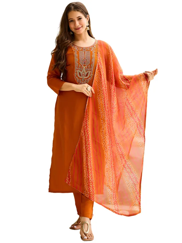 Rust_Rayon_Embroidered_Kurta_Set_With_Taby_Dupatta_For_Women