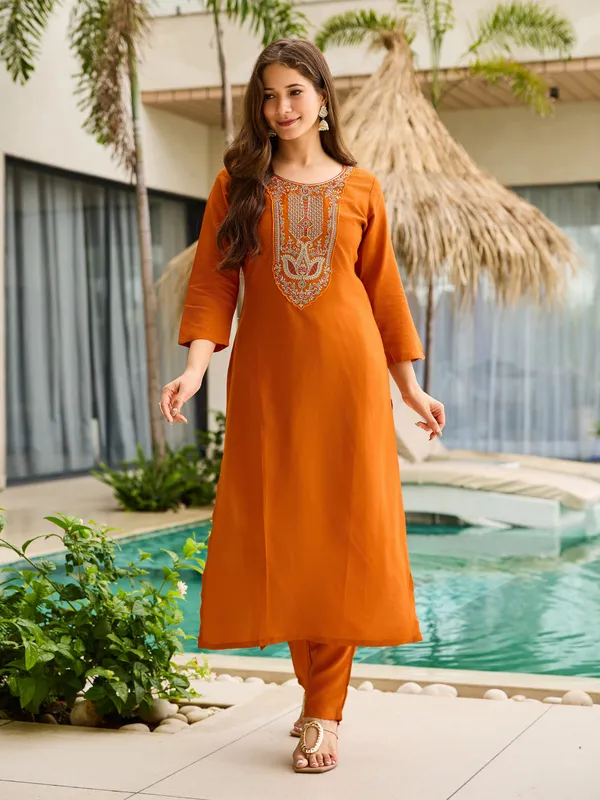 Rust_Rayon_Embroidered_Kurta_Set_With_Taby_Dupatta_For_Women