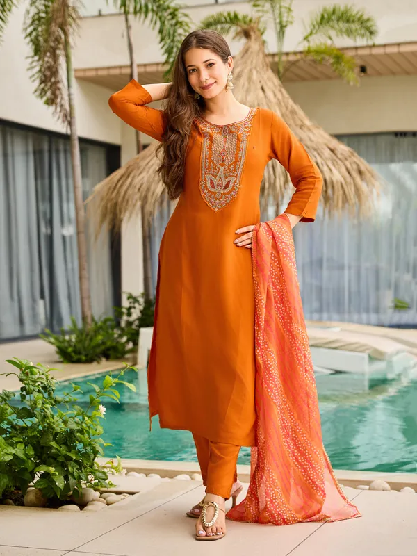 Rust_Rayon_Embroidered_Kurta_Set_With_Taby_Dupatta_For_Women