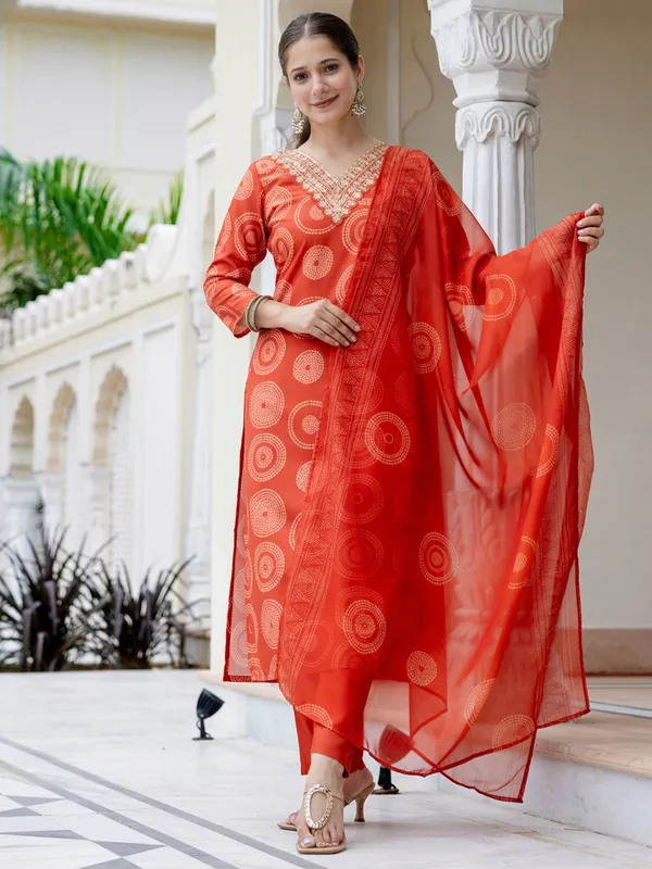 Orange _Rayon_Embroidered_Kurta_Set_With_Taby_Dupatta_For_Women