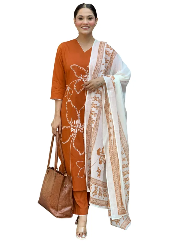 Orange_Rayon_Embroidered_Kurta_Set_With_Chanderi_Dupatta_For_Women
