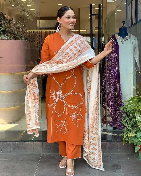 Orange_Rayon_Embroidered_Kurta_Set_With_Chanderi_Dupatta_For_Women