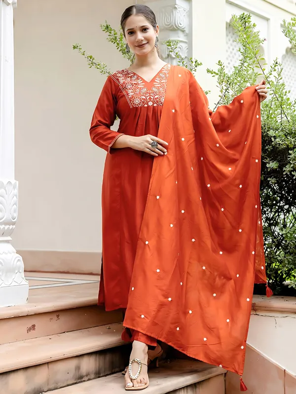 Rust_Rayon_Embroidered_Kurta_Set_With_Chanderi_Dupatta_For_Women