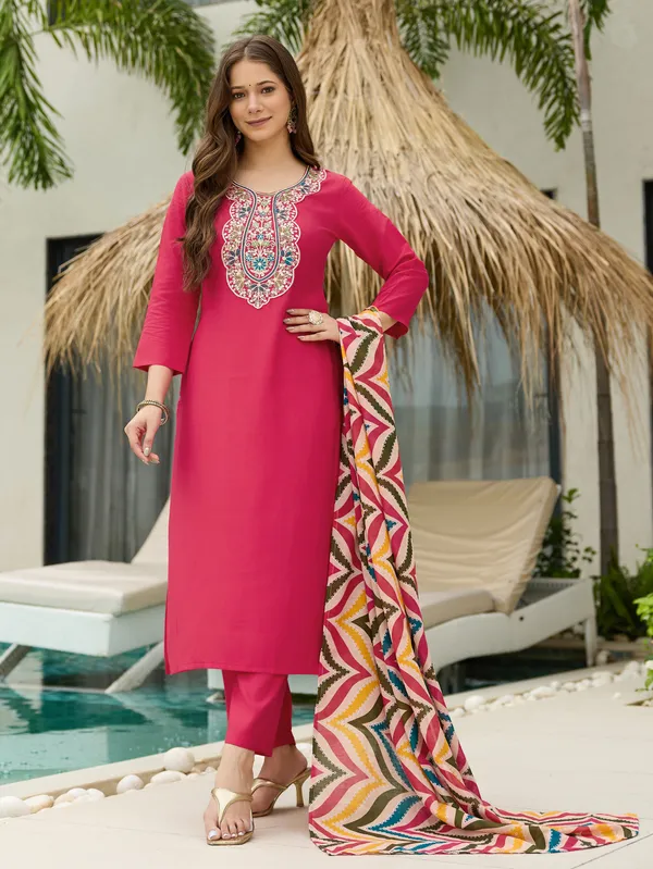 Red_Gajari_Rayon_Embroidered_Kurta_Set_With_Art_Silk_Dupatta_For_Women