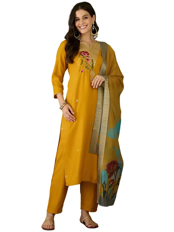 Mustard_Rayon_Embroidered_Kurta_Set_With_Organza_Dupatta_For_Women