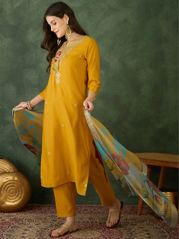 Mustard_Rayon_Embroidered_Kurta_Set_With_Organza_Dupatta_For_Women