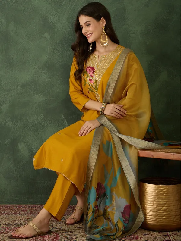 Mustard_Rayon_Embroidered_Kurta_Set_With_Organza_Dupatta_For_Women