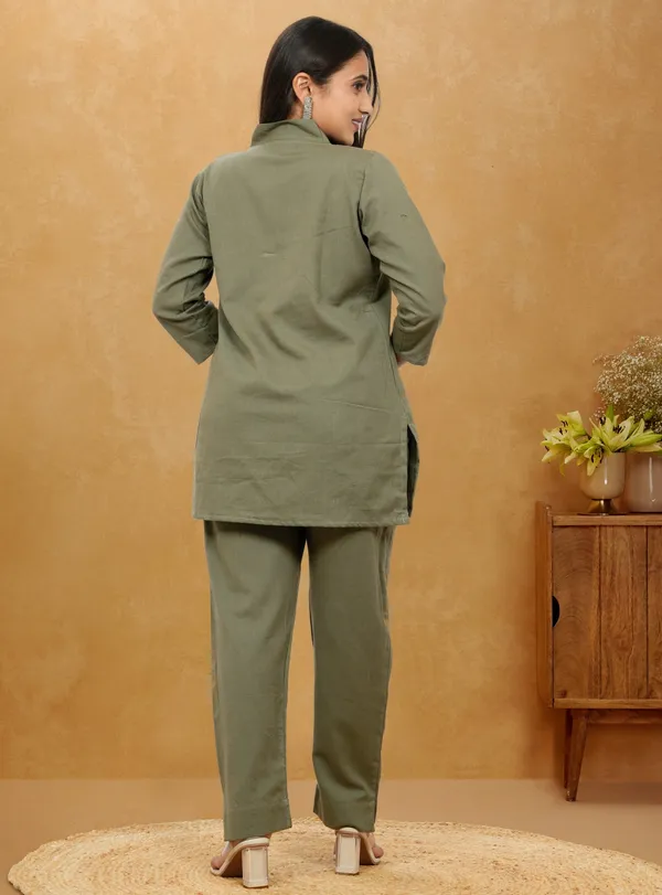 Army_Green_Cotton_3/4th_sleeves_Co-Ord_Set_For_Women